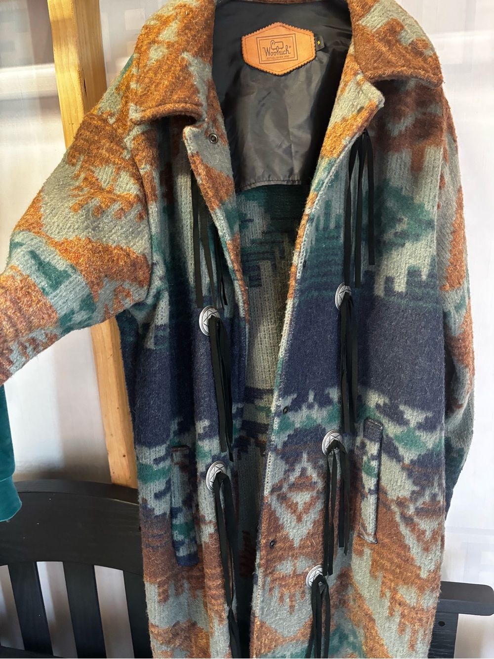 Southwest vintage wool Long coat in Teal & Brown - Picture 4 of 7
